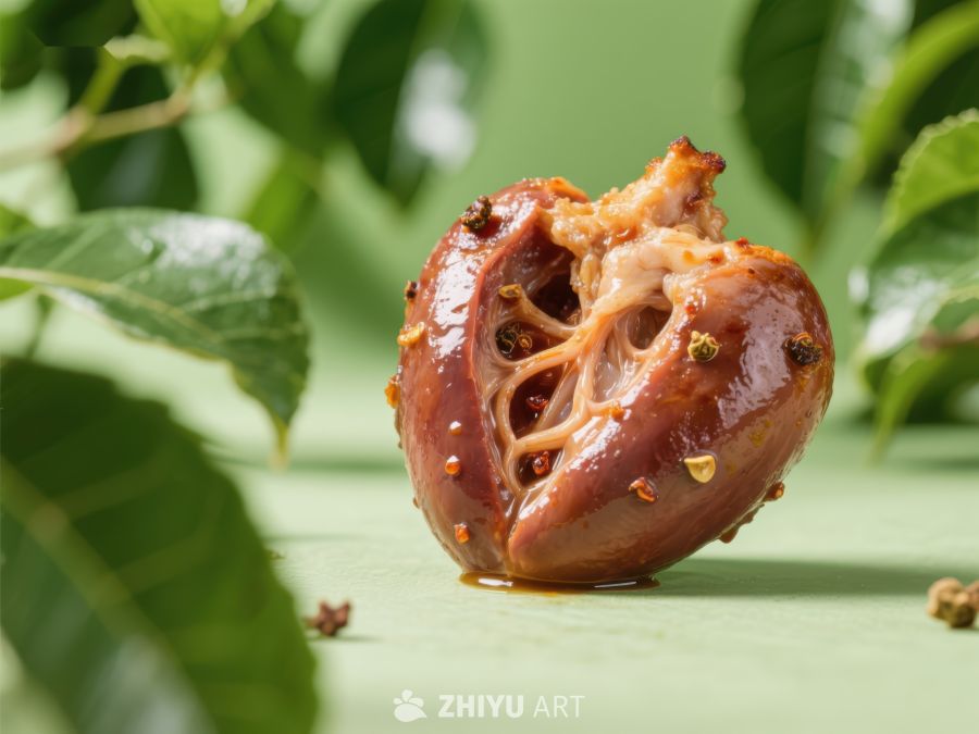腌制鸡心，点缀香料与绿叶