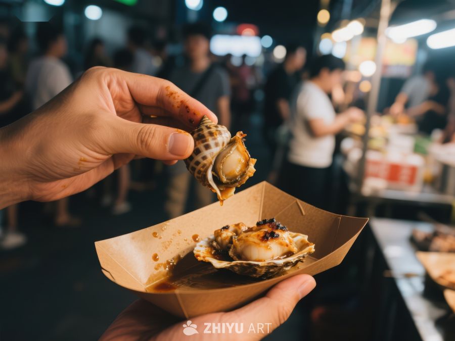 夜市小吃：烤制海鲜特写