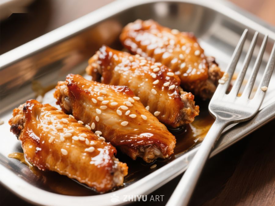 芝麻鸡翅配叉子，美味佳肴