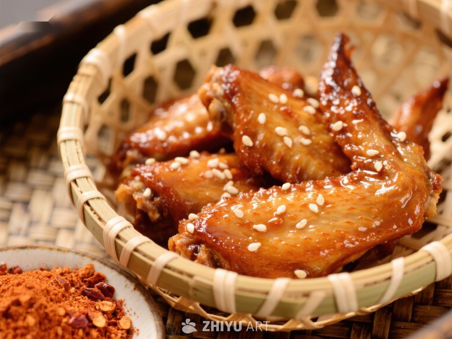 竹篮中的美味烤鸡翅
