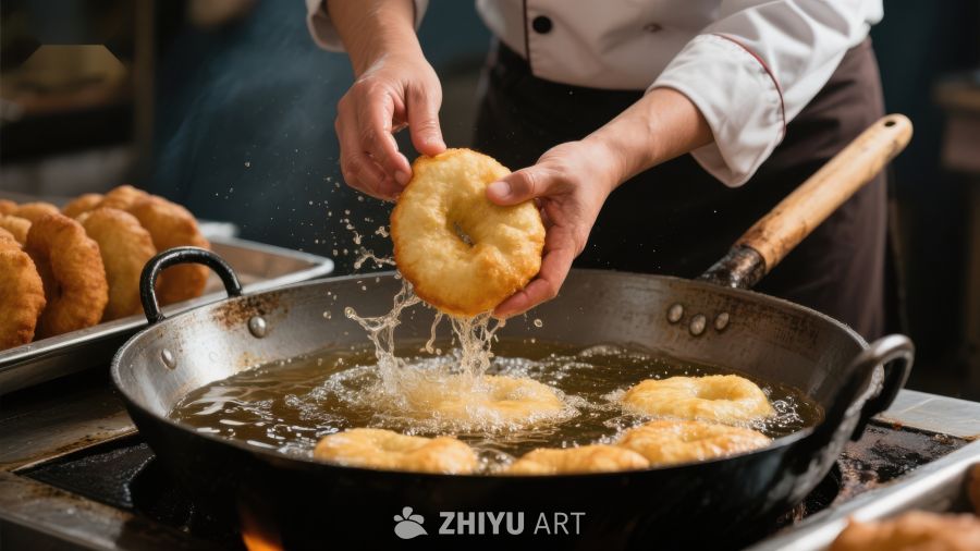 厨师炸制金黄甜甜圈