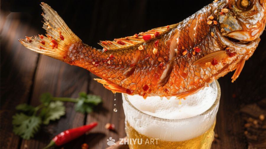 烤鱼配啤酒，美味佳肴