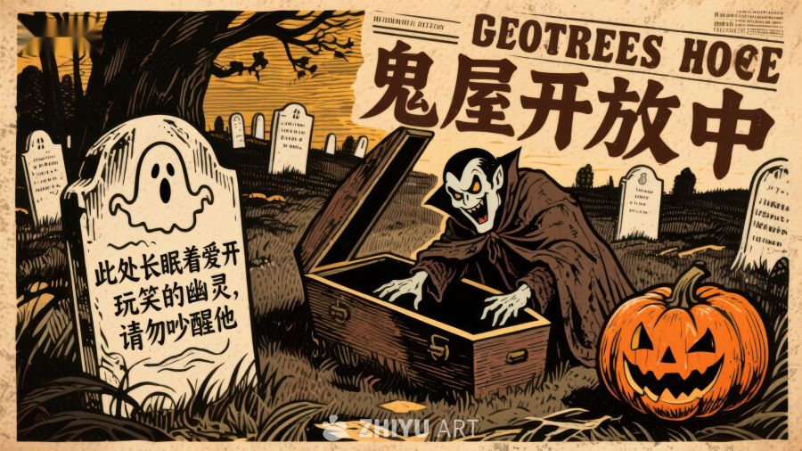 鬼屋开放中：幽灵与南瓜的万圣节场景