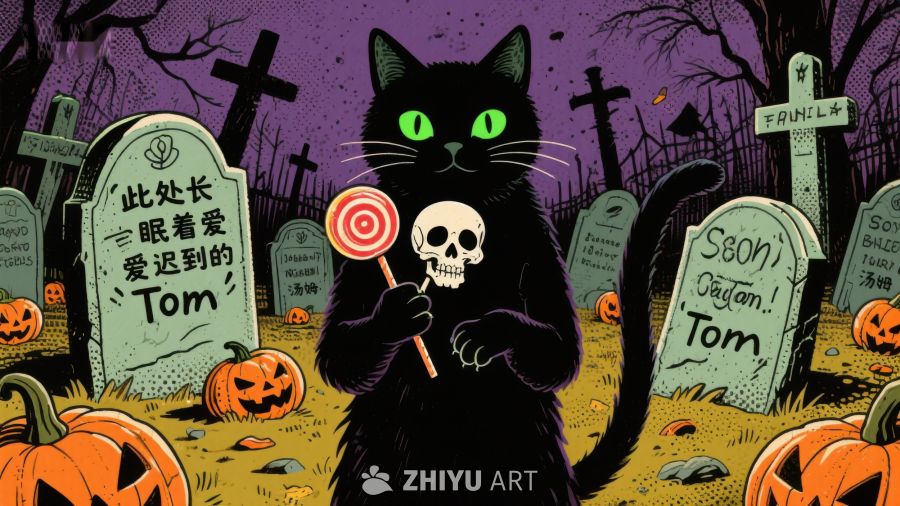 万圣节墓地中的黑猫与骷髅棒棒糖