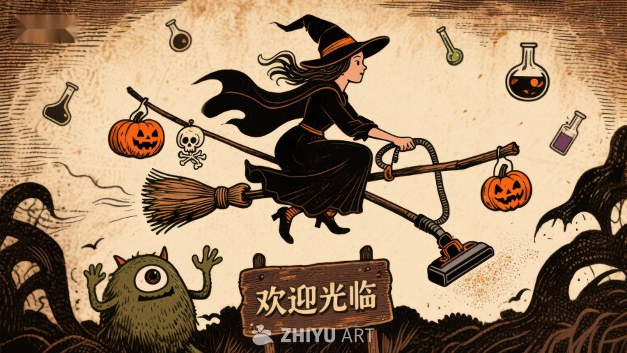 万圣节女巫骑扫帚欢迎光临