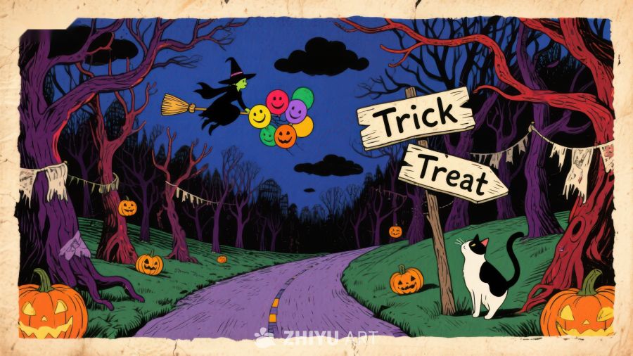 万圣节森林小径，指示牌指向‘Trick’与‘Treat’