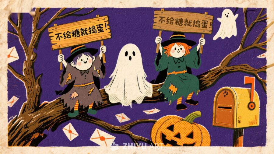 万圣节树上小巫师与幽灵
