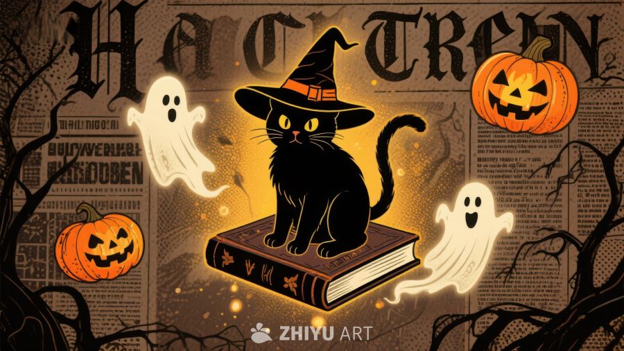 万圣节主题插画：黑猫与幽灵