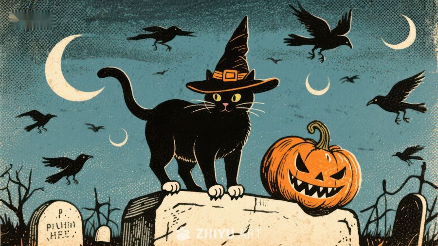 万圣夜猫巫师帽与南瓜灯