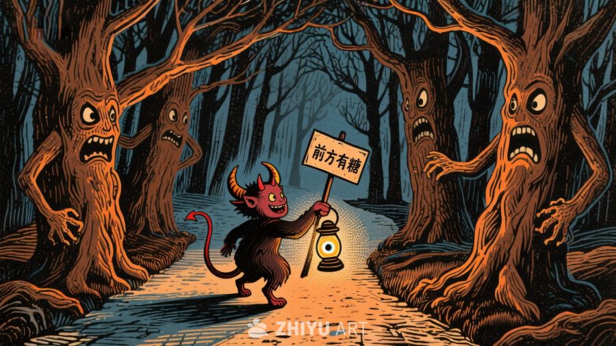 小恶魔提灯夜行，怪树森林警示牌