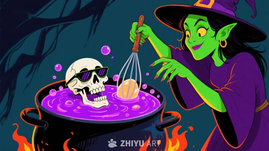 女巫搅拌魔法药水，骷髅戴墨镜