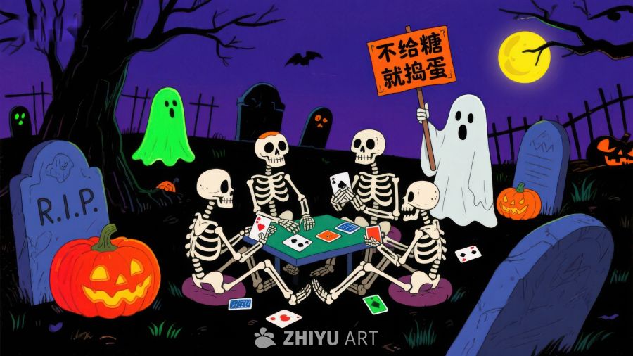 万圣节墓地骷髅打牌