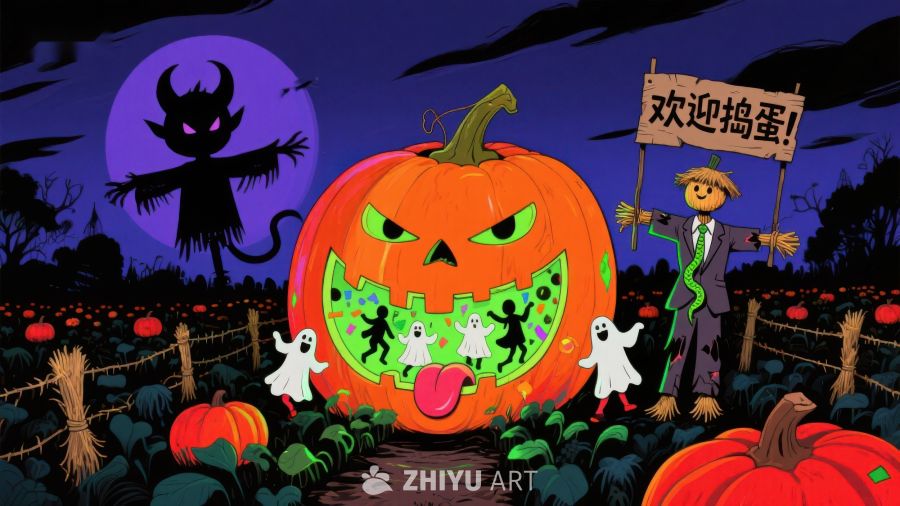 万圣节南瓜灯与稻草人欢迎捣蛋