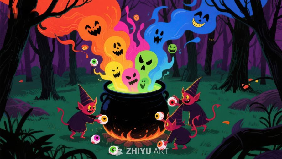 万圣节森林中的魔法锅