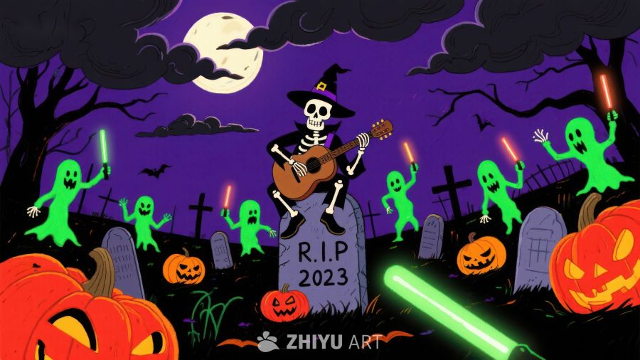 万圣夜骷髅弹吉他，幽灵南瓜灯共舞