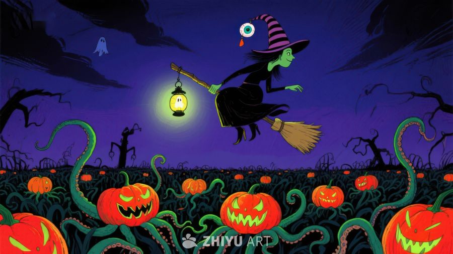 万圣夜巫婆骑扫帚飞过南瓜地