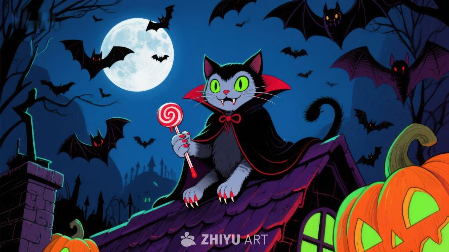 万圣夜屋顶上的吸血鬼猫