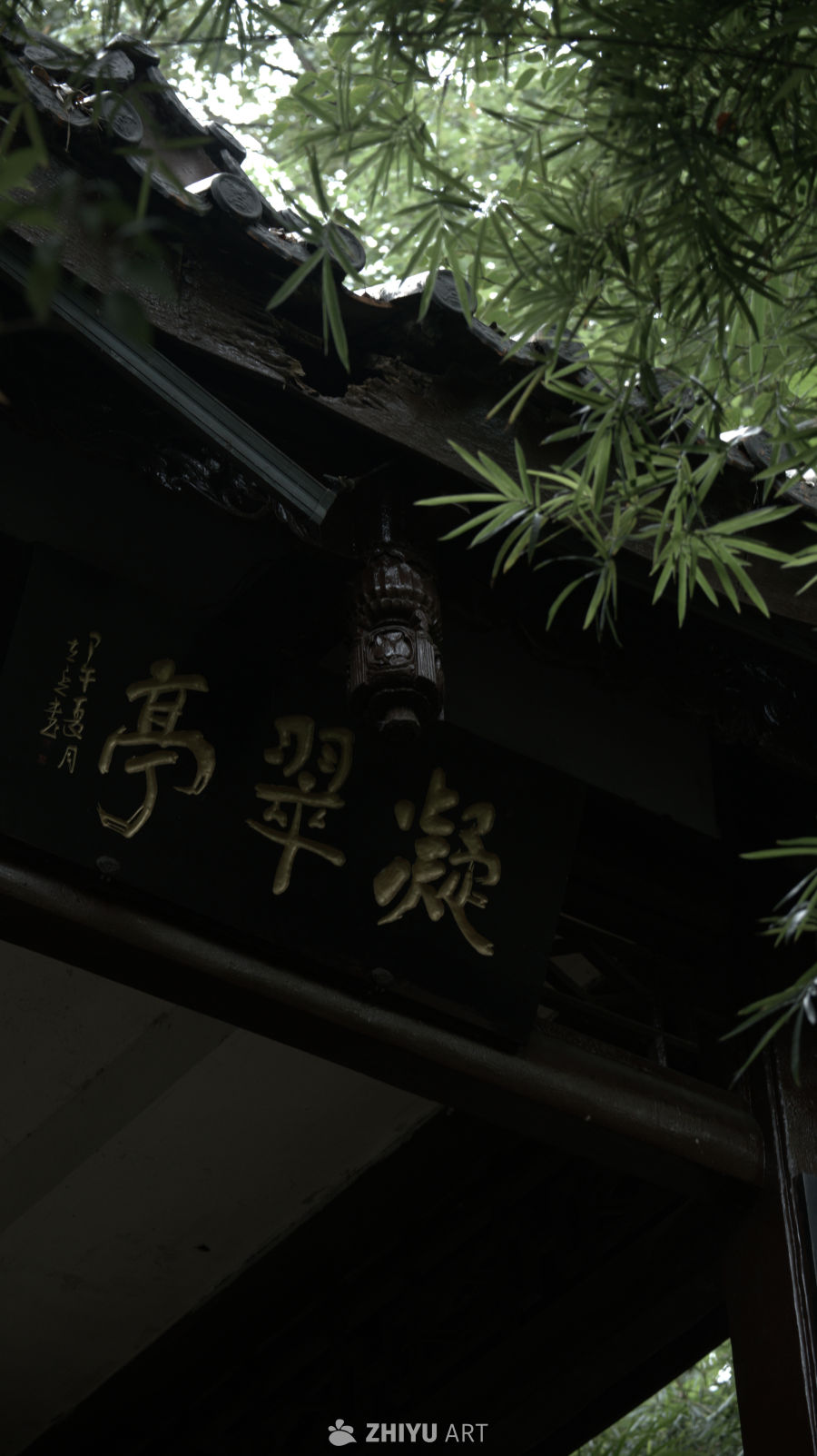 竹影下的古亭一角