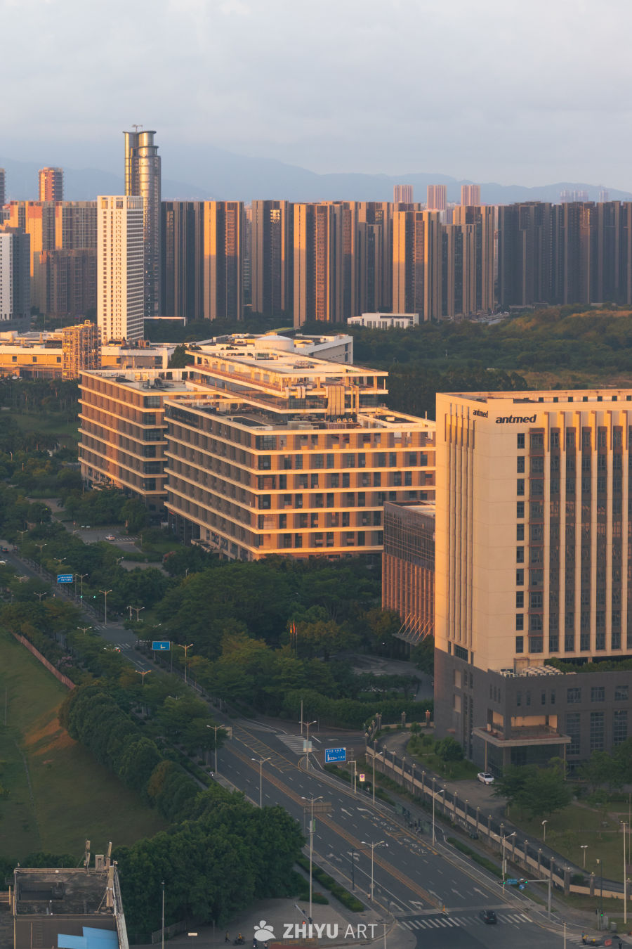 都市黄昏：高楼与绿意交织