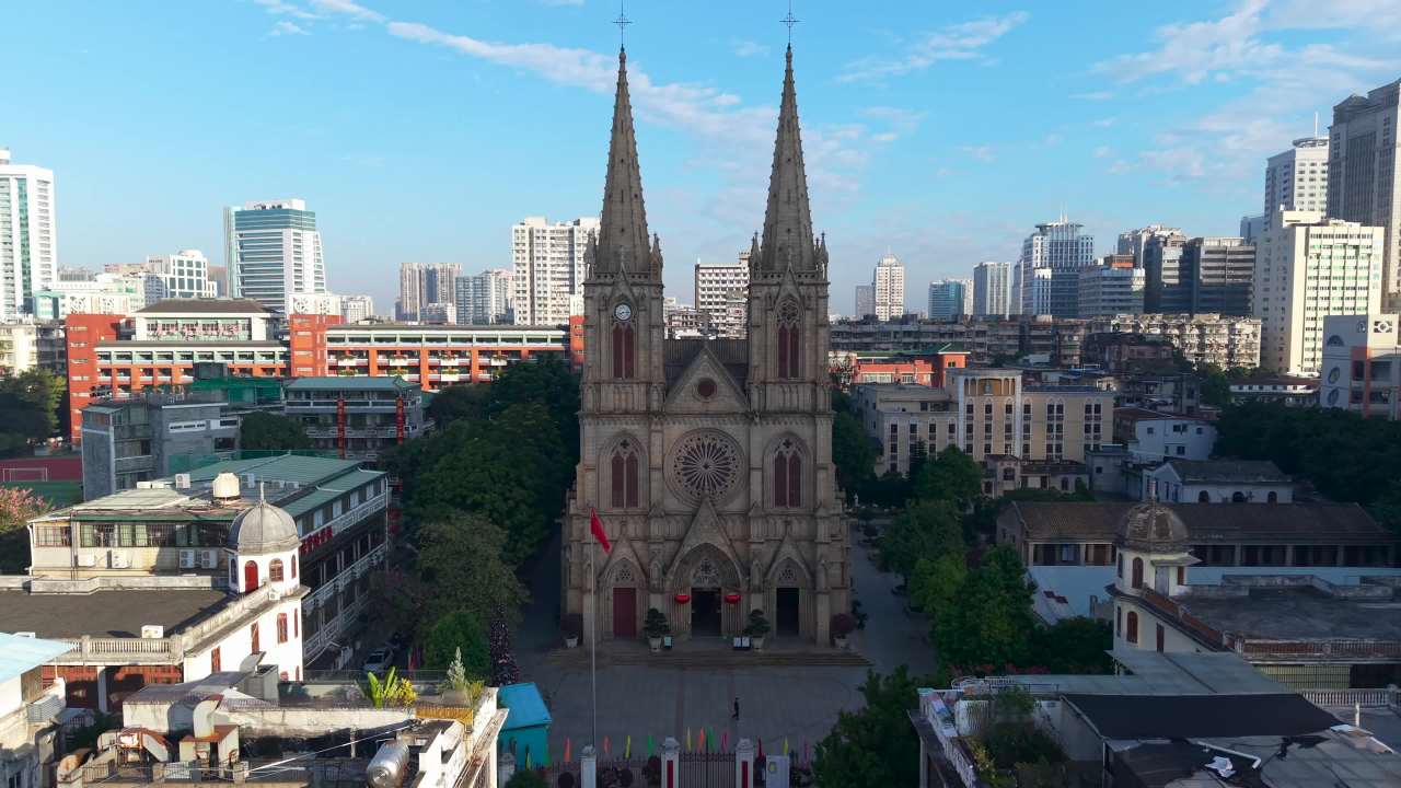 广州石室圣心大教堂航拍视频4K