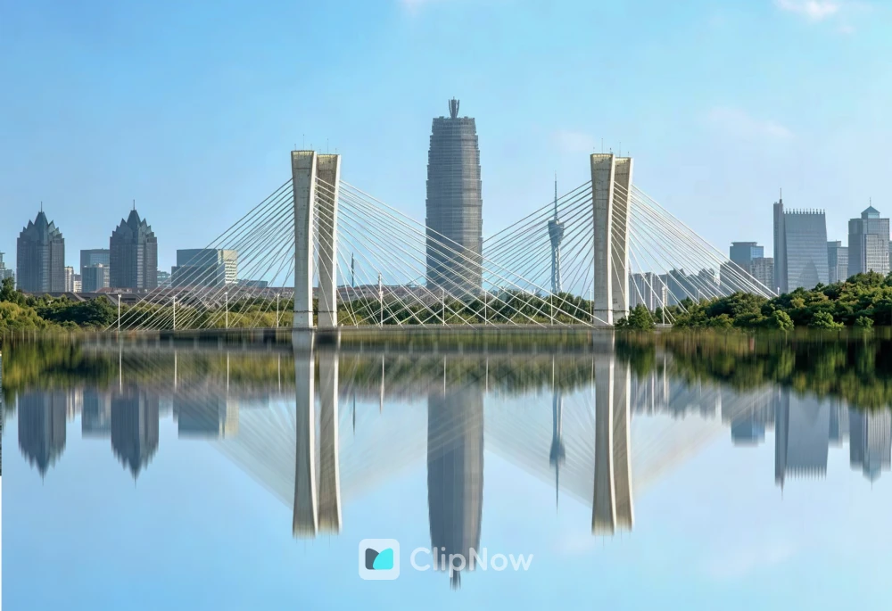 郑州如意湖斜拉桥与摩天大楼城市天际线倒影