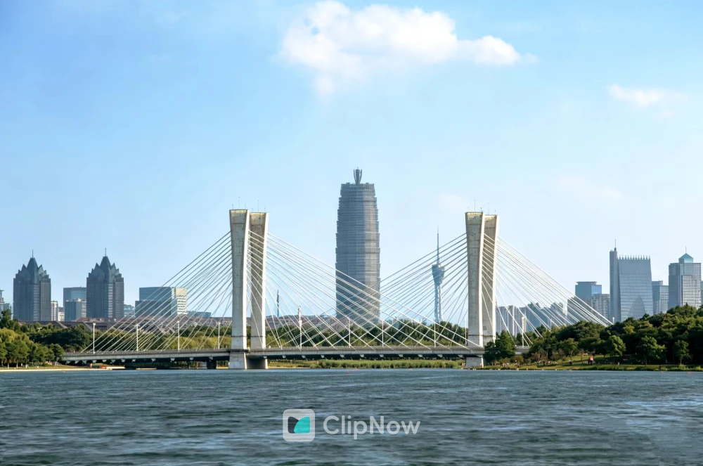 蓝天白云下现代化城市斜拉桥与摩天大楼天际线风光