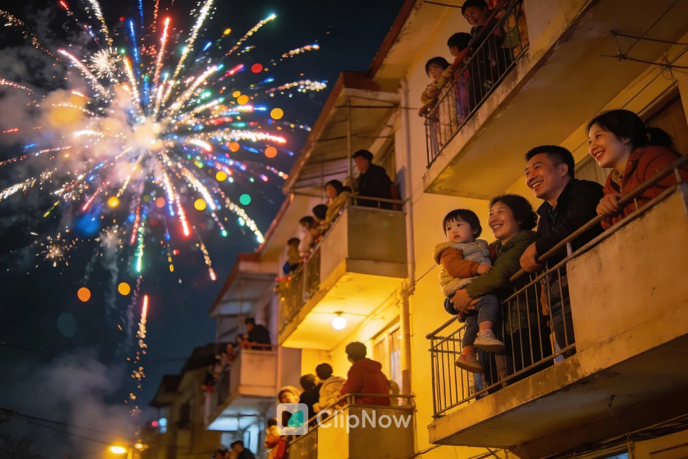 夜晚居民楼阳台全家福观看烟花绽放幸福瞬间