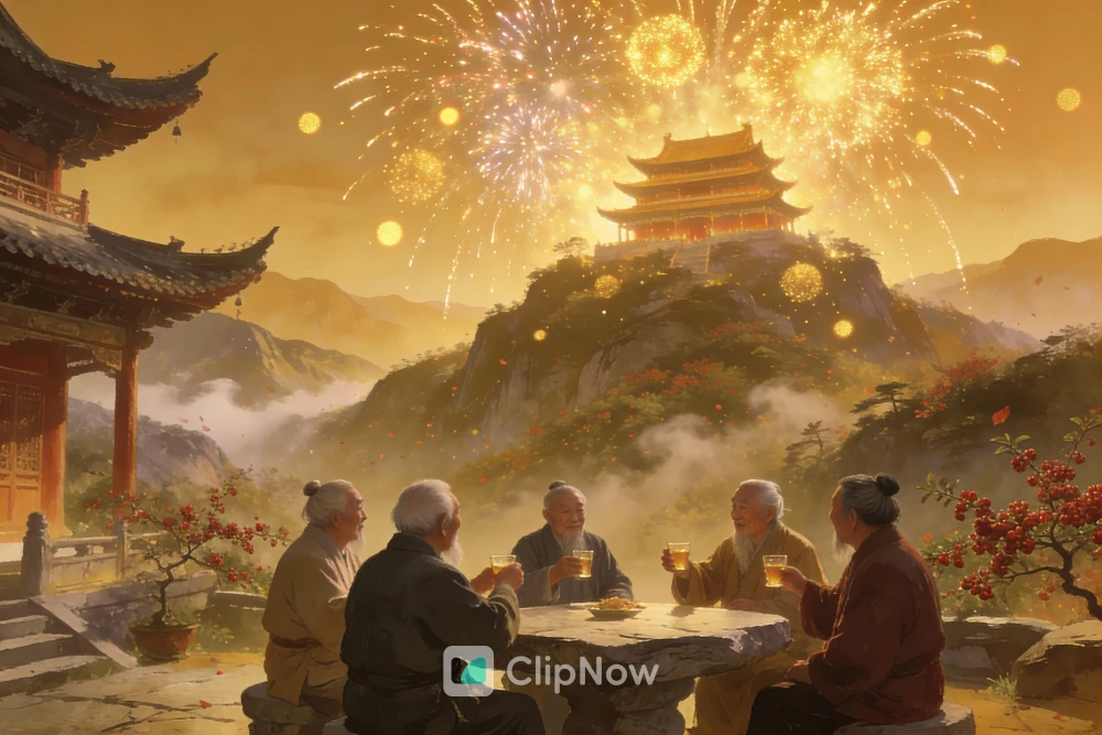 古风老者山间庭院举杯共饮烟花庆典插画