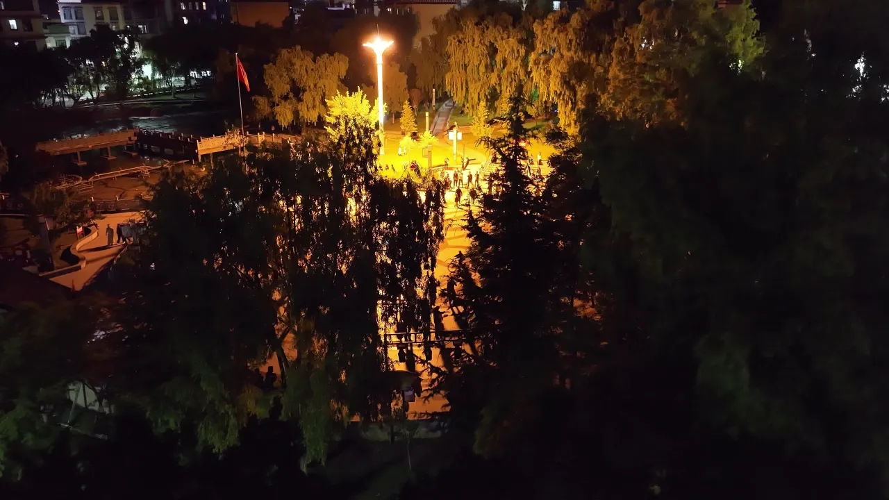 航拍夜景广场群众广场舞