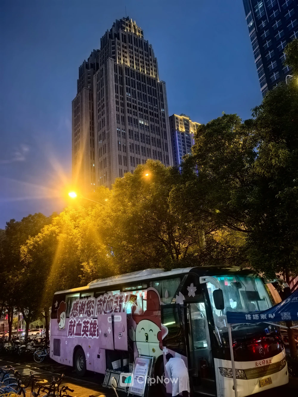 黄昏城市街头粉色献血车与摩天大楼夜景摄影