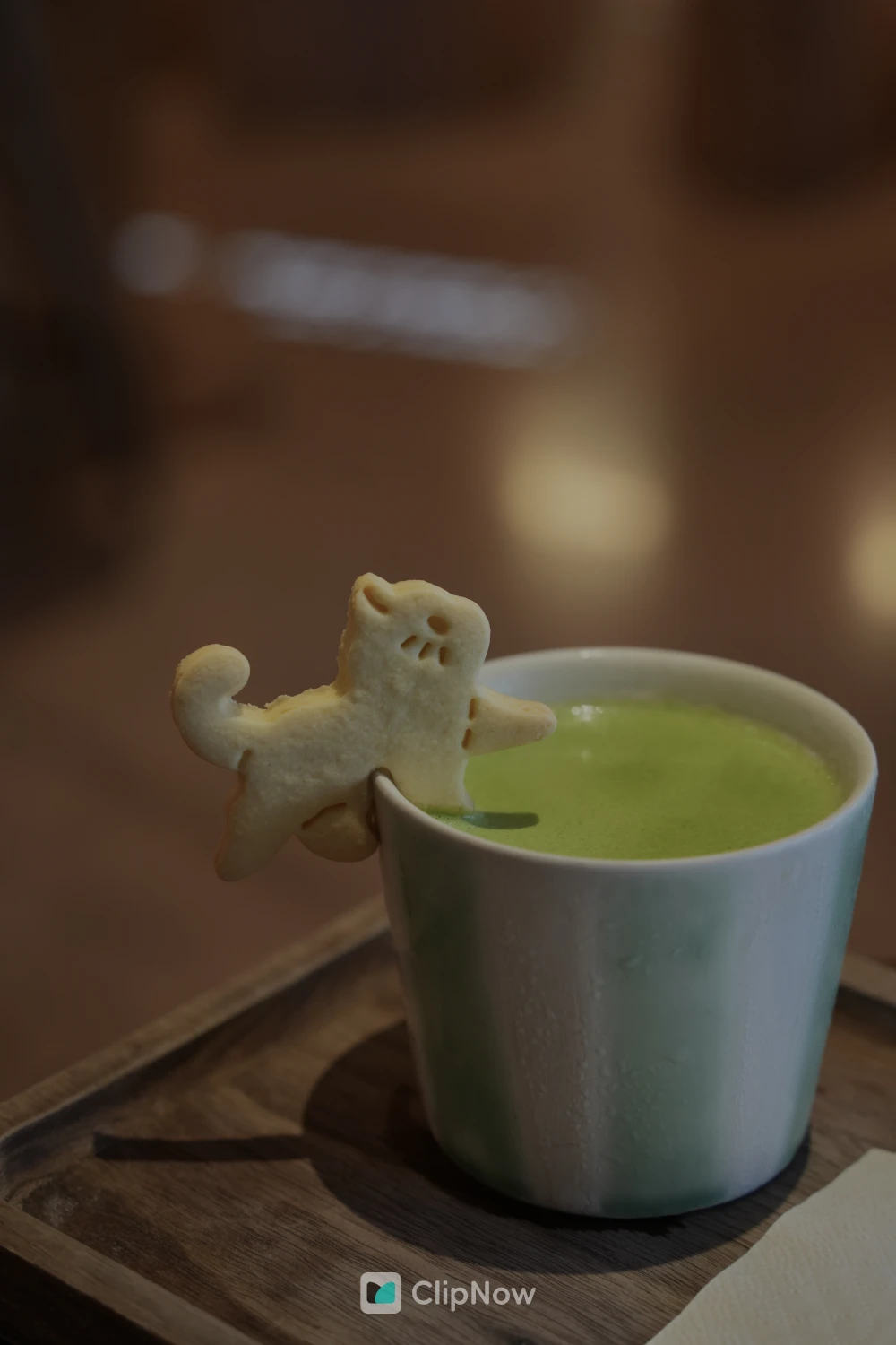 猫咪造型饼干搭配抹茶拿铁咖啡特写