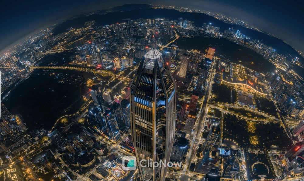 深圳平安金融中心夜景航拍鱼眼广角城市风光