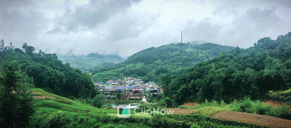 云雾缭绕的静谧山村与梯田全景风光摄影
