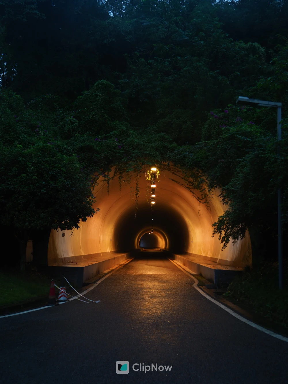 黄昏幽深公路隧道入口与暖色灯光风光摄影